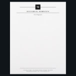 Black Square Monogram Elegant Minimalist Letterhead<br><div class="desc">Professional letterhead in white with black fonts and your initial in white against a black square with thin lines framing your name, title, and contact information. Elegant and clean letterhead personalized with monogram, name, title, and contact info in a minimalist and timeless black and white design. Manly timeless letterhead monogrammed...</div>