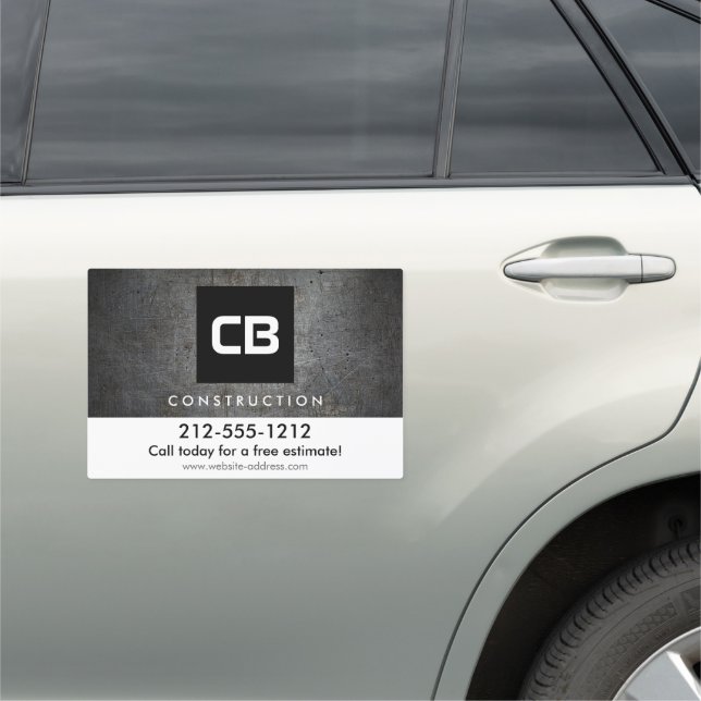 Black Square Monogram Grunge Metal Construction Car Magnet (In Situ)