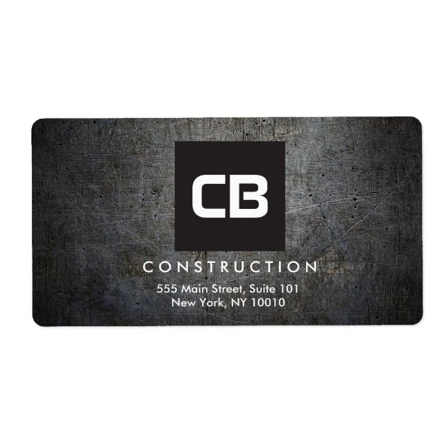 Black Square Monogram Grunge Metal Construction Label (Front)