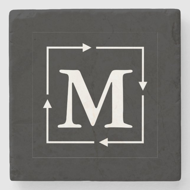 Black Square Monogram Personalized Stone Coaster (Front)