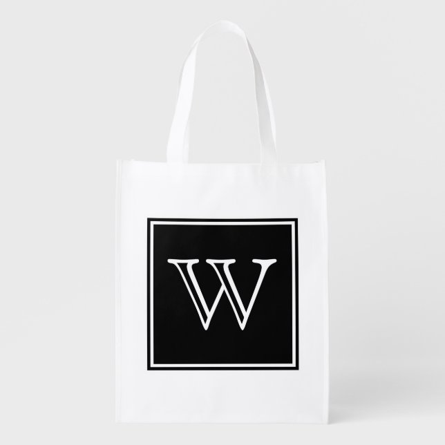 Black Square Monogram Reusable Grocery Bag (Front)