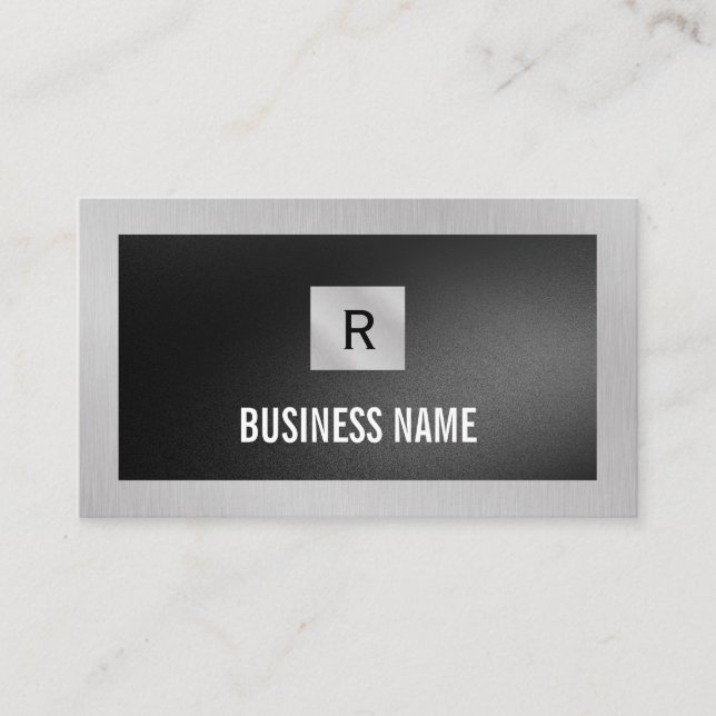 Black Square Monogram Silver Metal Construction  Business Card (Front)