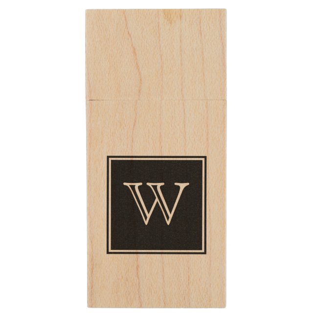 Black Square Monogram Wood USB Flash Drive (Front Vertical)