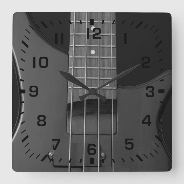 Black Square Numbers on Bass Guitar Square Wall Clock (Front)