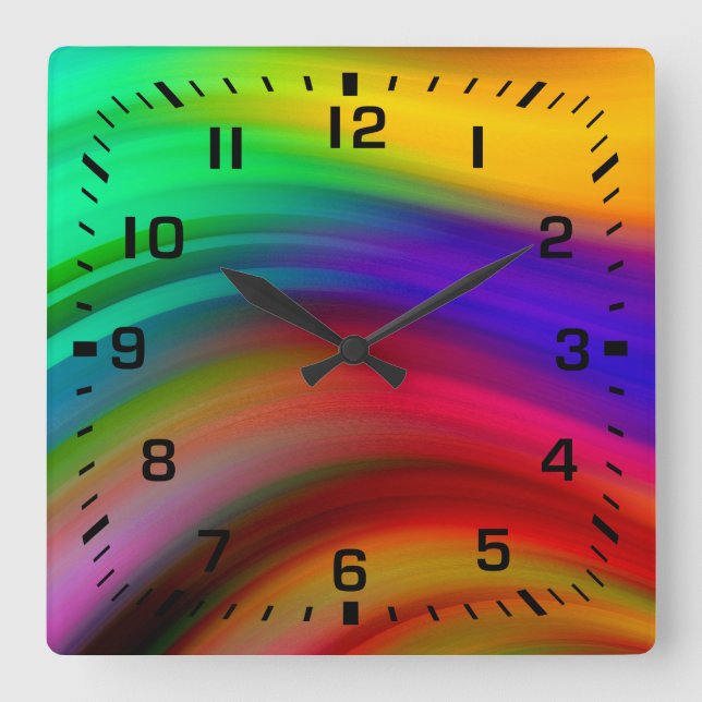 Black Square Numbers / Rainbow Wave Stripes Wall Clock (Front)