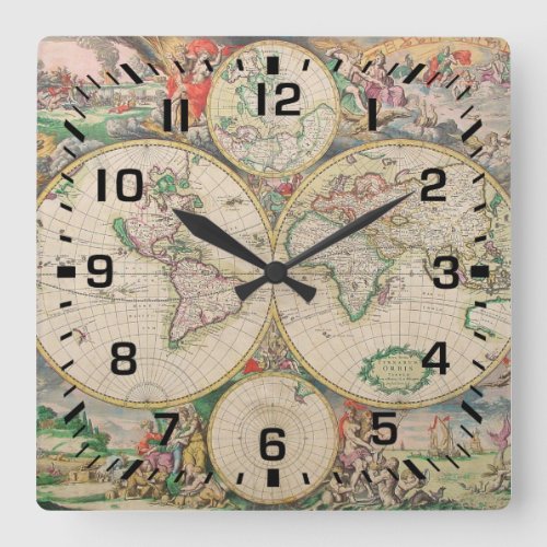 Black Square Numbers / Vintage Travel World Map Square Wall Clock