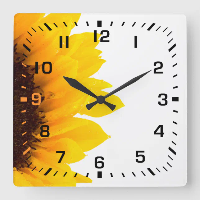 Black Square Numbers / Yellow and Brown Sunflower Wall Clock | Zazzle