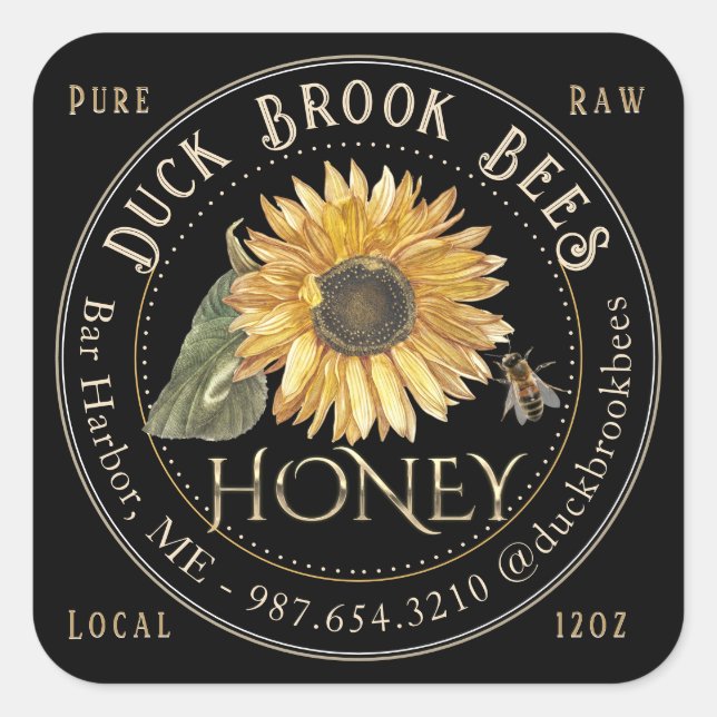 Black Square Sunflower Honey Label for Bears  (Front)
