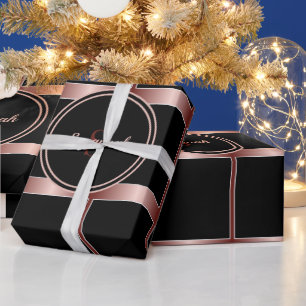 Black Squares And Rose Gold Stripes Geometric Wrap Wrapping Paper