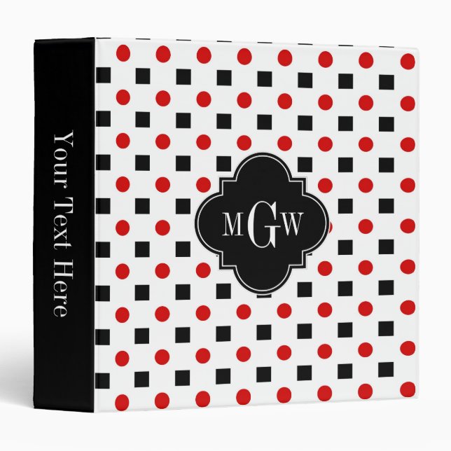 Black Squares Red Dots Black Quatrefoil 3 Monogram Binder (Front/Spine)