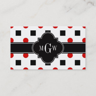 Black Squares Red Dots Black Quatrefoil 3 Monogram Business Card