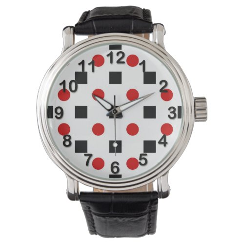 Black Squares Red Polka Dots Pattern White BG Watch