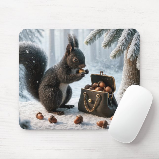 Black Squirrel Saving Acorns In Purse Mouse Pad (With Mouse)