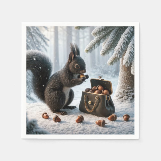 Black Squirrel Saving Acorns In Purse Napkins (Front)