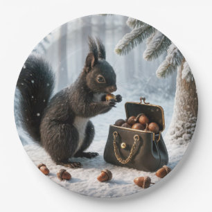 Black Squirrel Saving Acorns In Purse Paper Plates