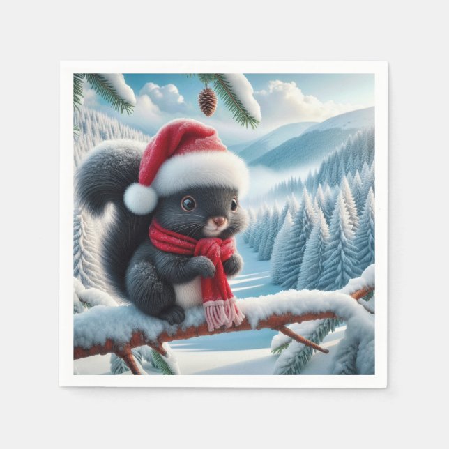 Black Squirrel With Santa Hat Napkins (Front)