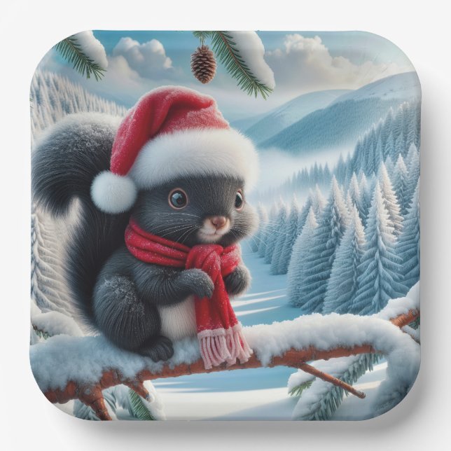 Black Squirrel With Santa Hat Paper Plates (Front)