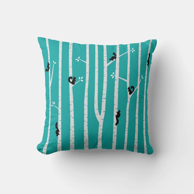 Black Squirrels Climbing Birch Trees on Aqua Throw Pillow (Front)