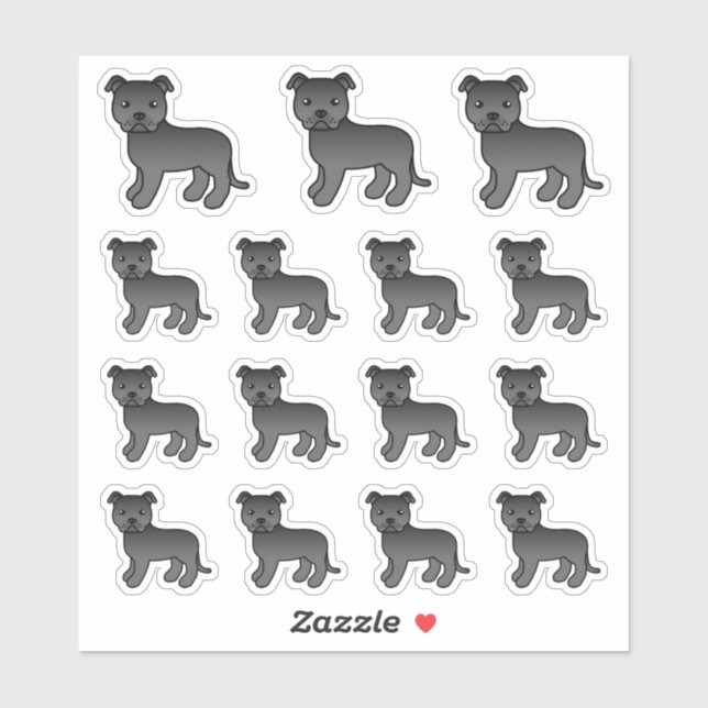 Black Staffordshire Bull Terrier Cute Cartoon Dogs Sticker (Sheet)