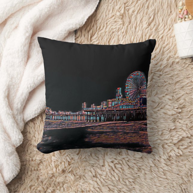 Black Stained Glass Santa Monica Pier Throw Pillow (Blanket)
