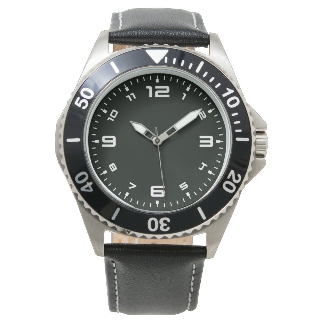 Black Stainless Steel Black Leather Strap Watch (Front)