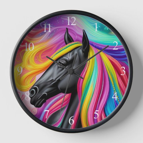 Black Stallion Colorful Mane  Clock