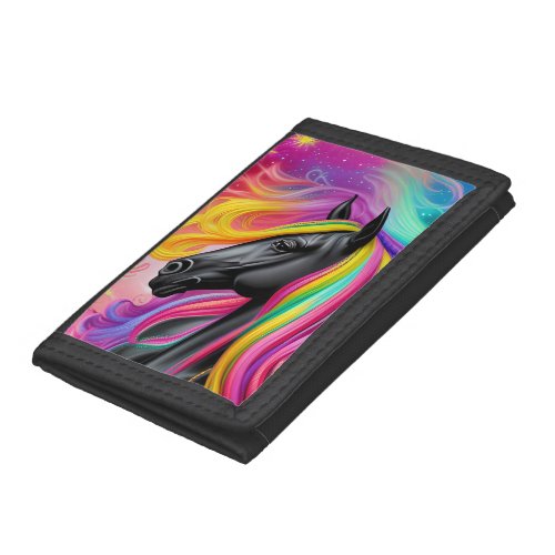 Black Stallion Colorful Mane  Trifold Wallet