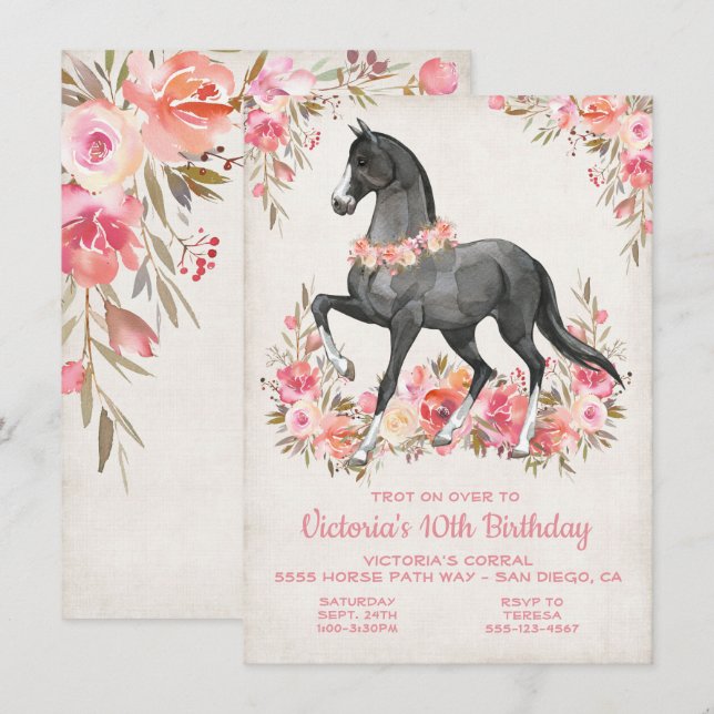 Black Stallion floral Horse Birthday Party Invitation (Front/Back)