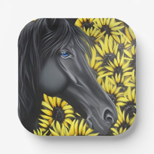 Black Stallion Horse and Sunflowers Paper Plates