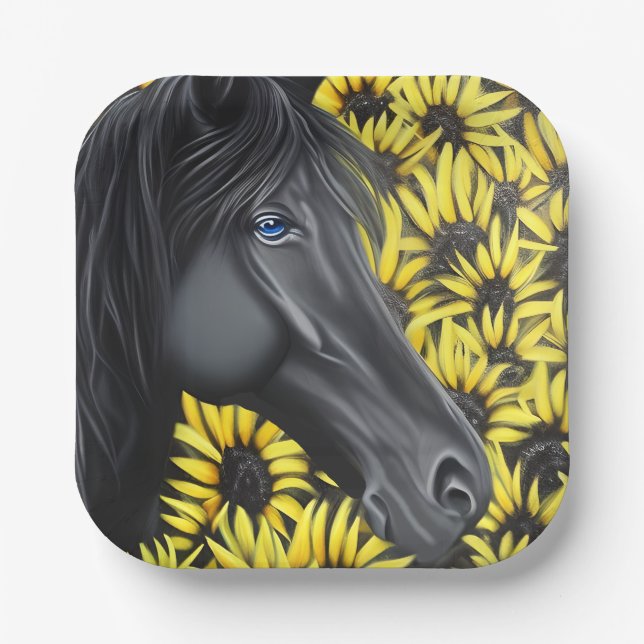 Black Stallion Horse and Sunflowers Paper Plates (Front)
