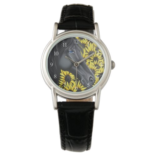 Black Stallion Horse and Sunflowers Watch