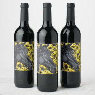 Black Stallion Horse and Sunflowers Wine Label