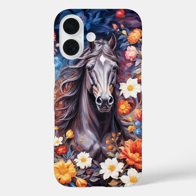 Black stallion horse in flowers background cover (Back)