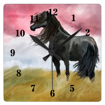 Black Stallion In A Field Square Wall Clock