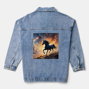 Black Stallion in Desert Nebula stars lightning Denim Jacket