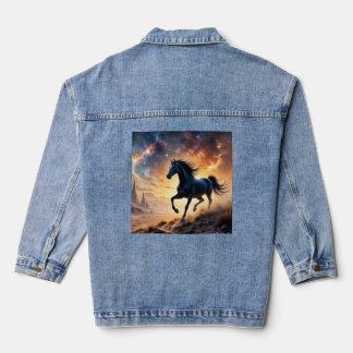 Black Stallion in Desert Nebula stars lightning Denim Jacket