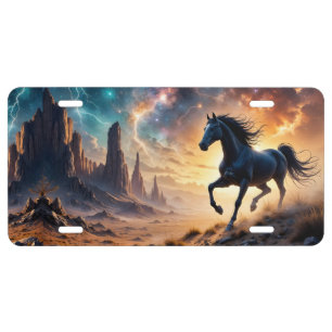 Black Stallion in Desert Nebula stars lightning License Plate