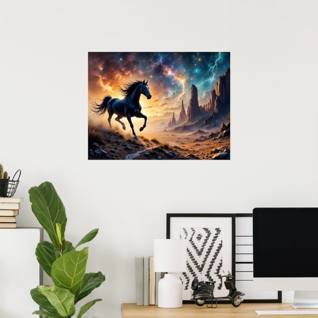 Black Stallion in Desert Nebula stars lightning Poster (Home Office)