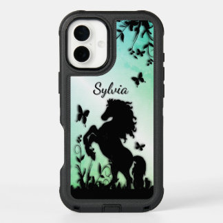 Black Stallion in Green Forest Personalized iPhone 16 Plus Case