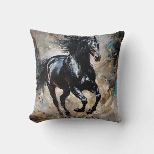 Black stallion oil painting throw pillow