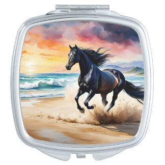 Black Stallion Racing across the Beach Watercolor  Compact Mirror