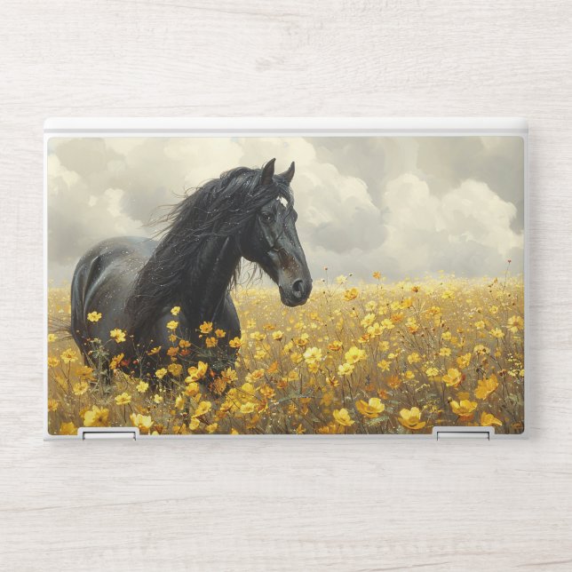 Black Stallion with Yellow Wildflowers HP Laptop Skin (Front)