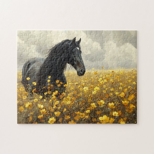 Black Stallion with Yellow Wildflowers Jigsaw Puzzle (Horizontal)