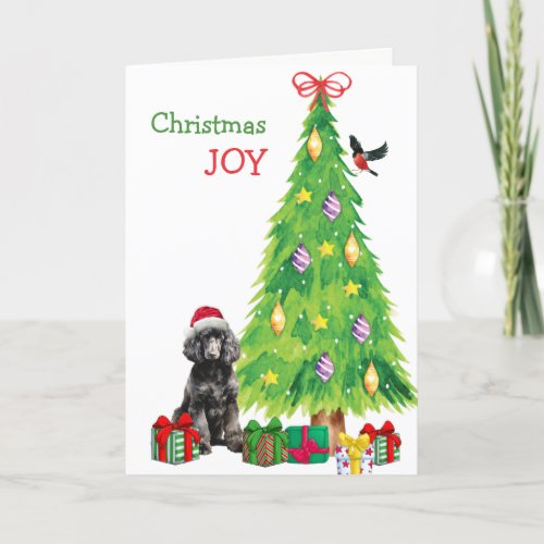 Black Standard Poodle Dog Bird and Christmas Tree Holiday Card