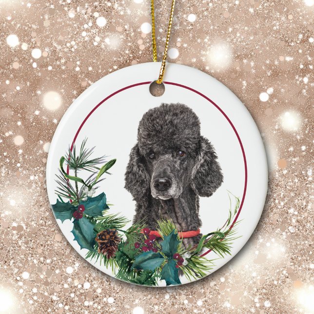 Black Standard Poodle Dog Evergreen Berry Wreath Ceramic Ornament (Creator Uploaded)