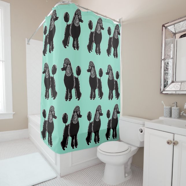 Black Standard Poodles Aqua Mint Shower Curtain (In Situ)