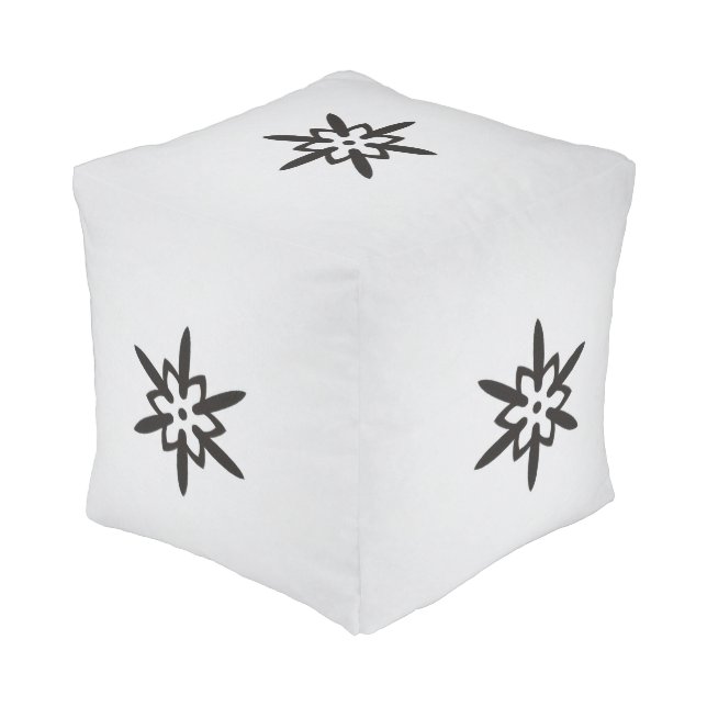 Black Star Flower White Background Pouf (Angled Back)