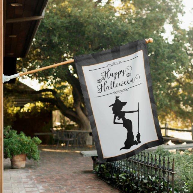 Black Starburst Witch Halloween House Flag (In SItu)