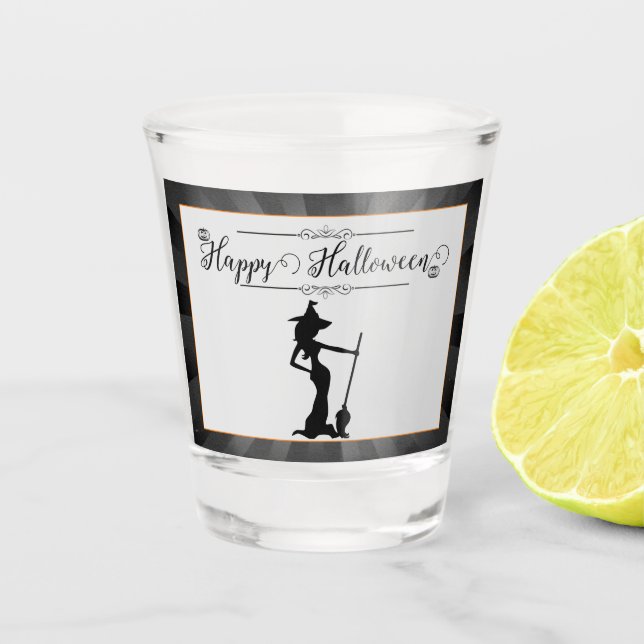 Black Starburst Witch Halloween Shot Glass (Front)
