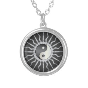Black Starburst Yin Yang Silver Plated Necklace